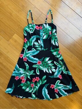 Hollister Black Mini Dress with Green Tropical Leaves and Pink Flowers XS
